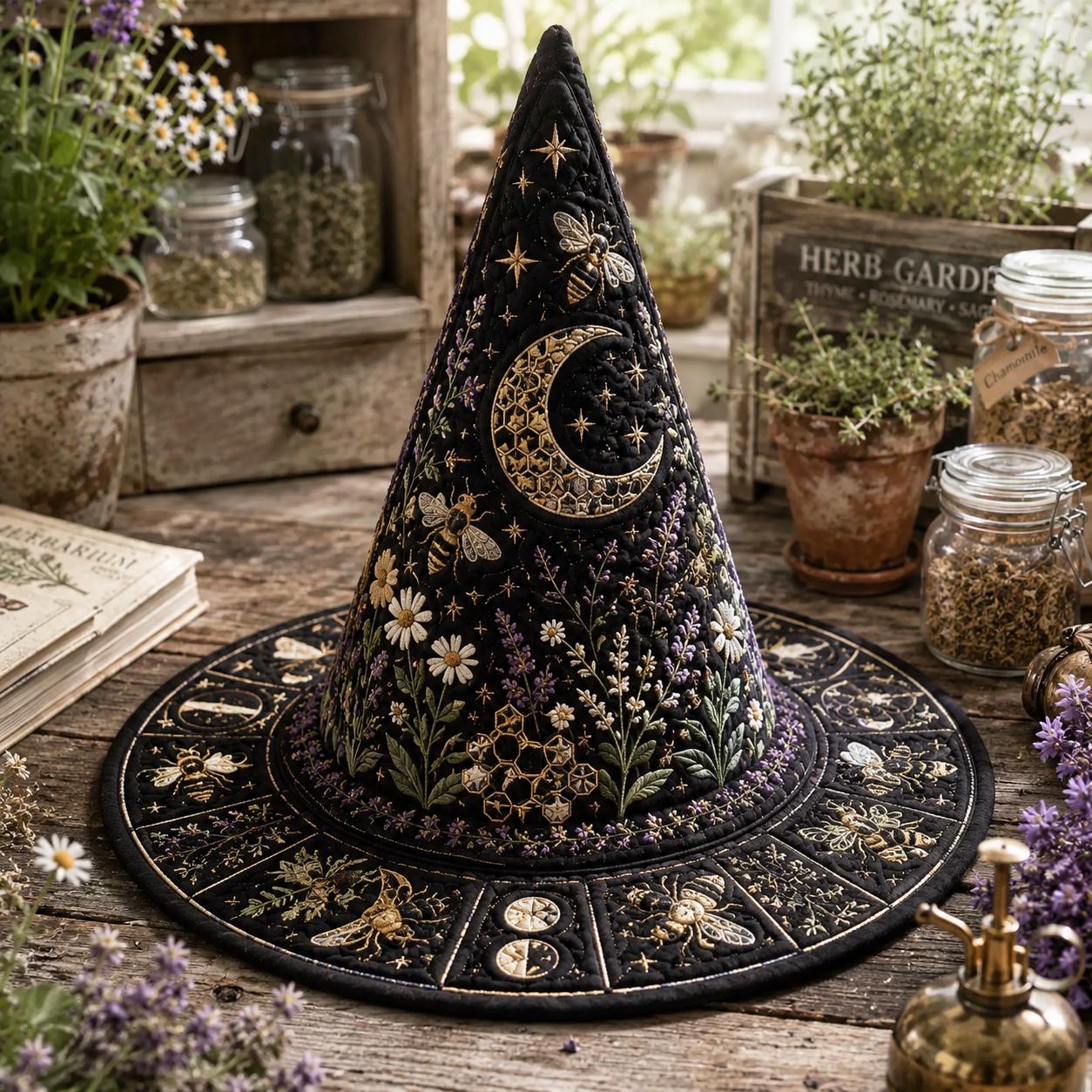 Bee Wildflower Quilted Witch Hat HG HG , Lavender Daisy Halloween Hat