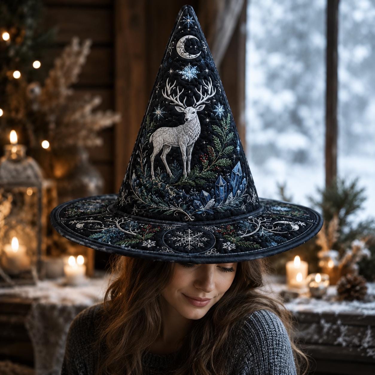 Winter Solstice Quilted Witch Hat HG HG , White Stag Yule Halloween Hat - Image 2
