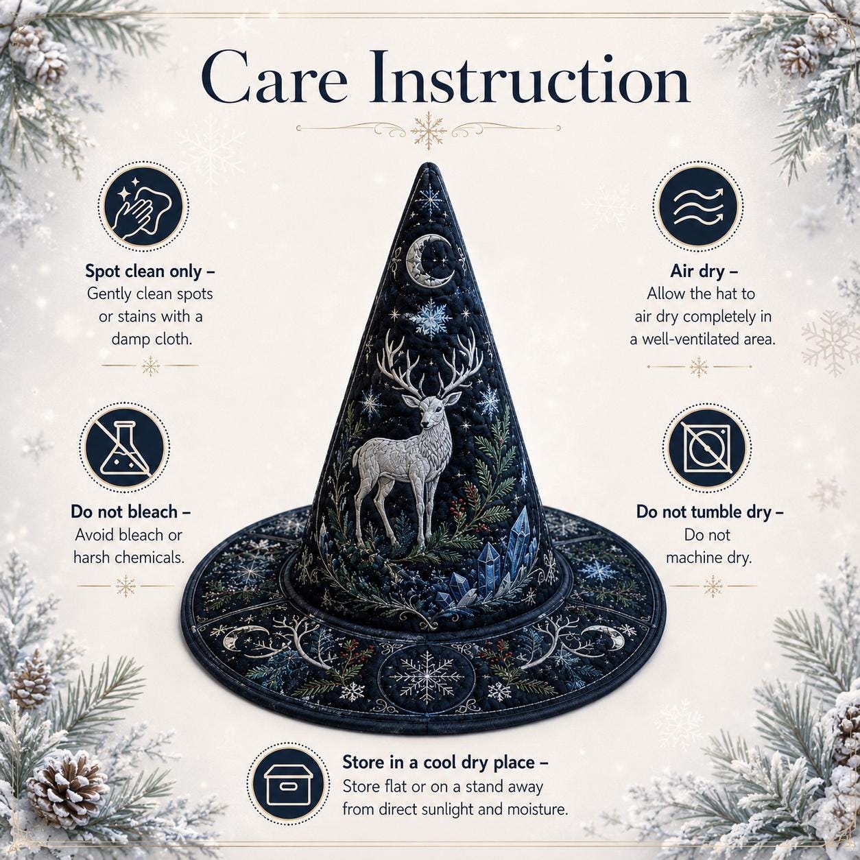 Winter Solstice Quilted Witch Hat HG HG , White Stag Yule Halloween Hat - Image 7