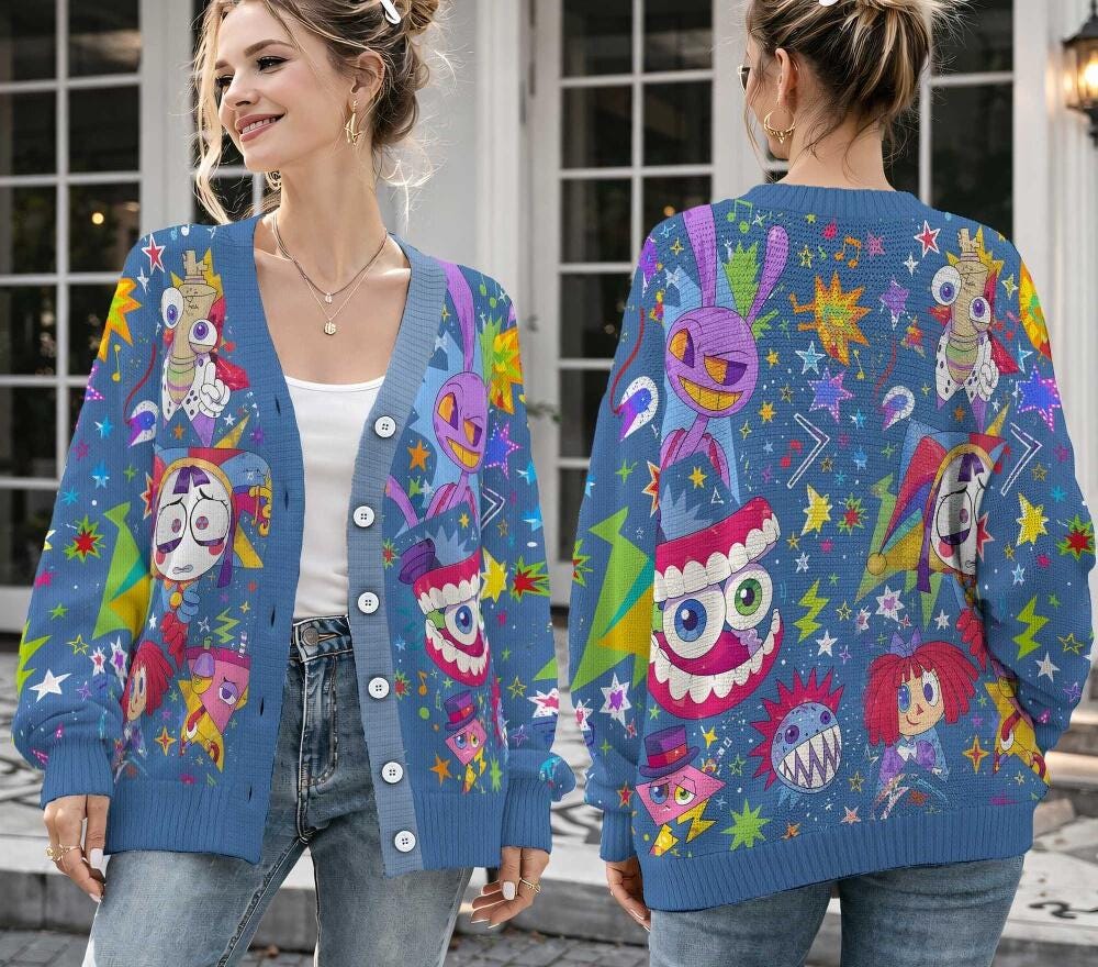The Amazing Digital Circus Knitted Cardigan HG , TADC Womens Wool Sweater, Aesthetic Anime Knitwear, TADC Fan Apparel, Cartoon Inspired Outfit