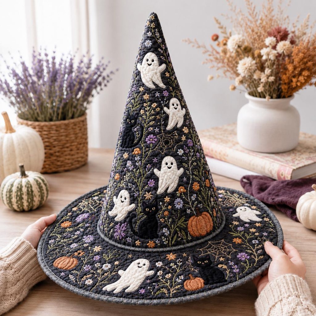 Quilted Witch Hat HG HG , Spooky Ghost Cat Pumpkin Decor, HalloweenHat
