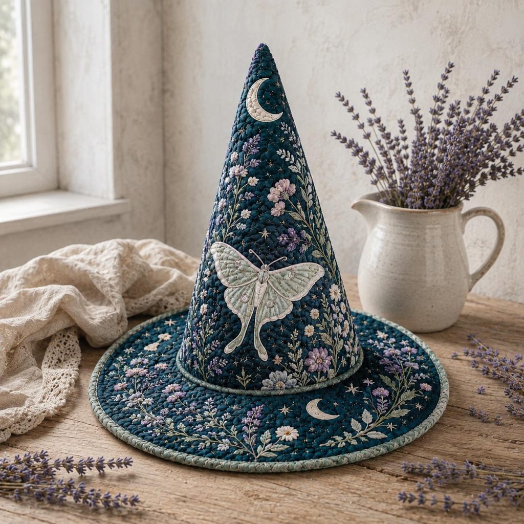 Personalized Quilted Witch Hat HG  HG , Full Moon Luna Moth Print, Cottagecore Halloween Decor