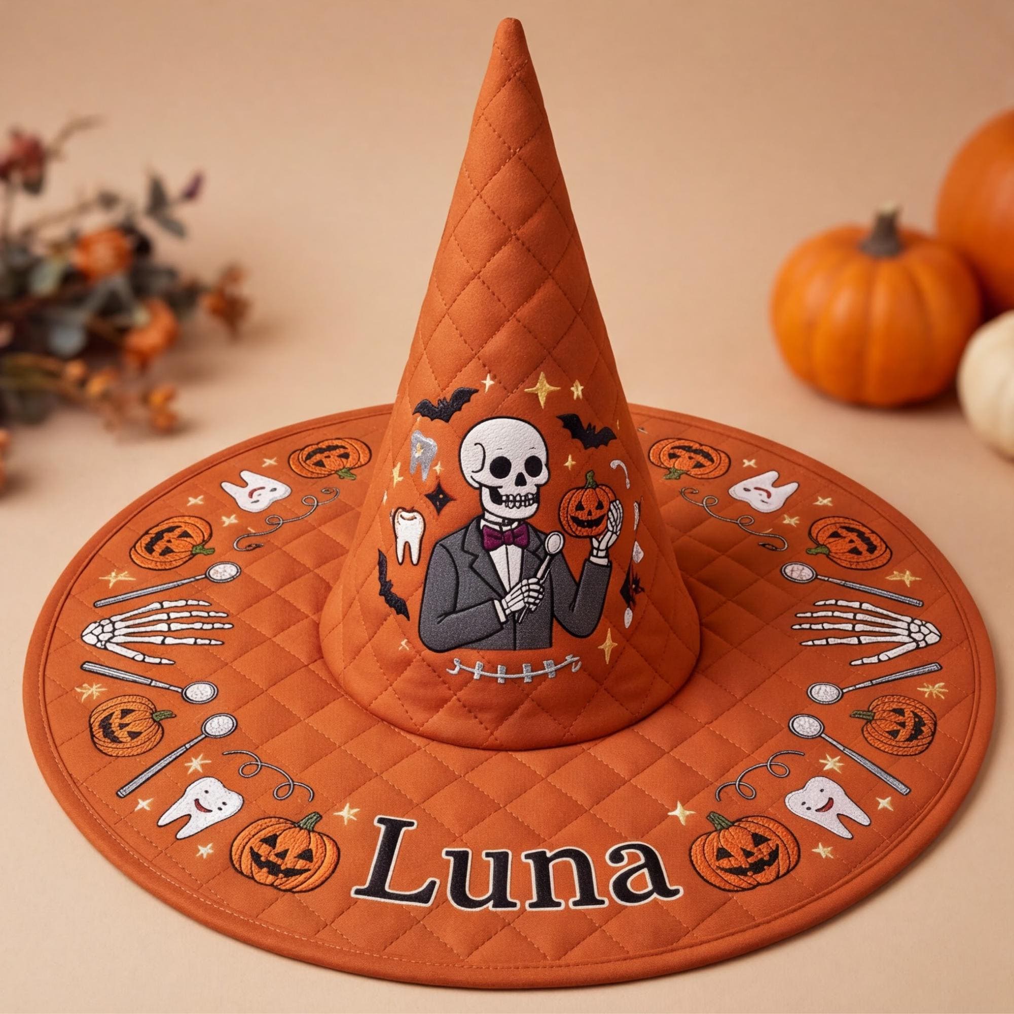 All Over Print Quilted Witch Hat HG HG , Personalized Dental Skeleton Halloween Hat, Dentist Costume