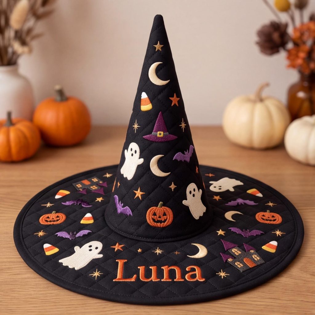All Over Print Quilted Witch Hat HG HG , Personalized Ghost Pumpkin Halloween Hat, Spooky Witch Costume