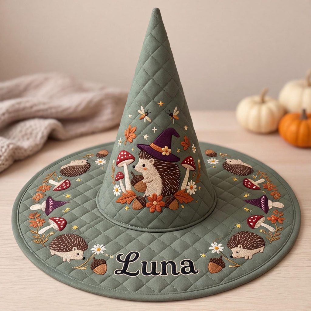 All Over Print Quilted Witch Hat HG HG , Personalized Hedgehog Halloween Hat, Cottagecore Fall Costume