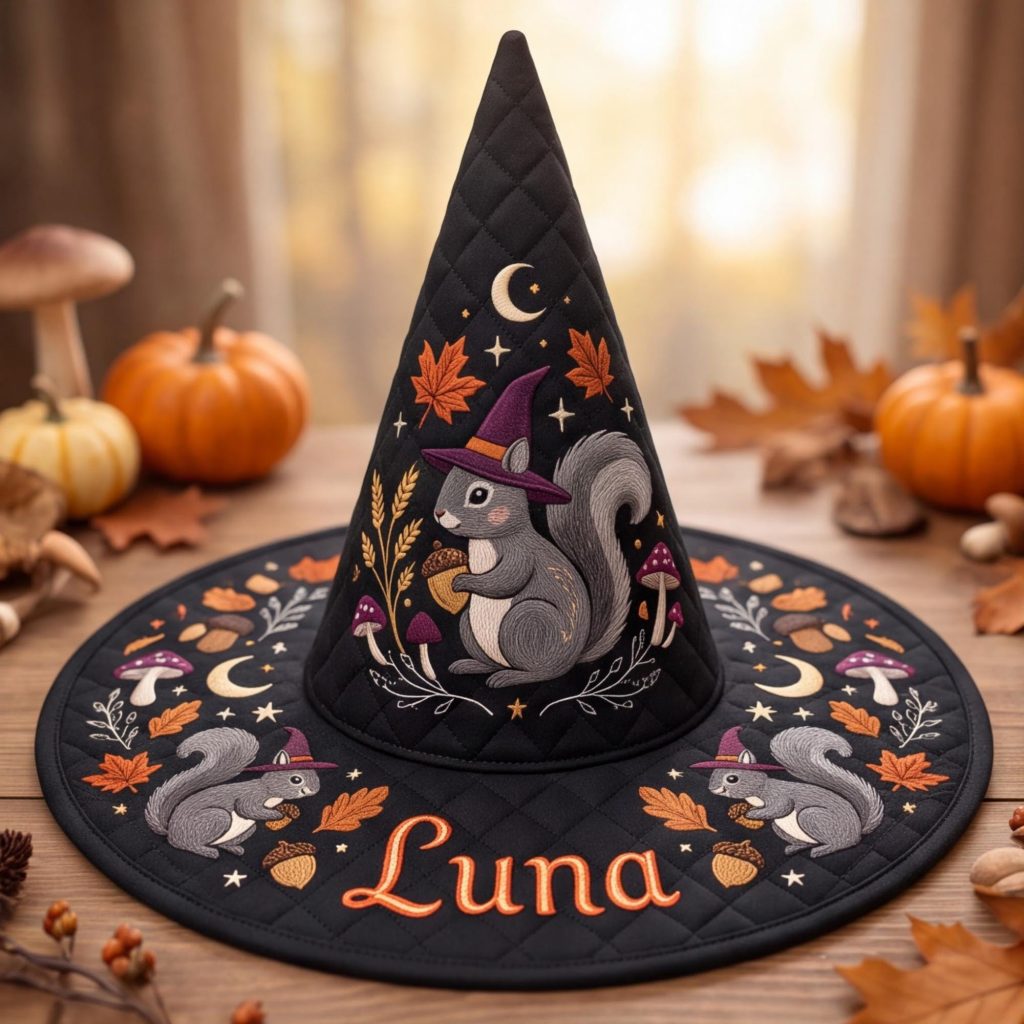 All Over Print Quilted Witch Hat HG HG , Personalized Squirrel Halloween Hat, Woodland Witch Costume