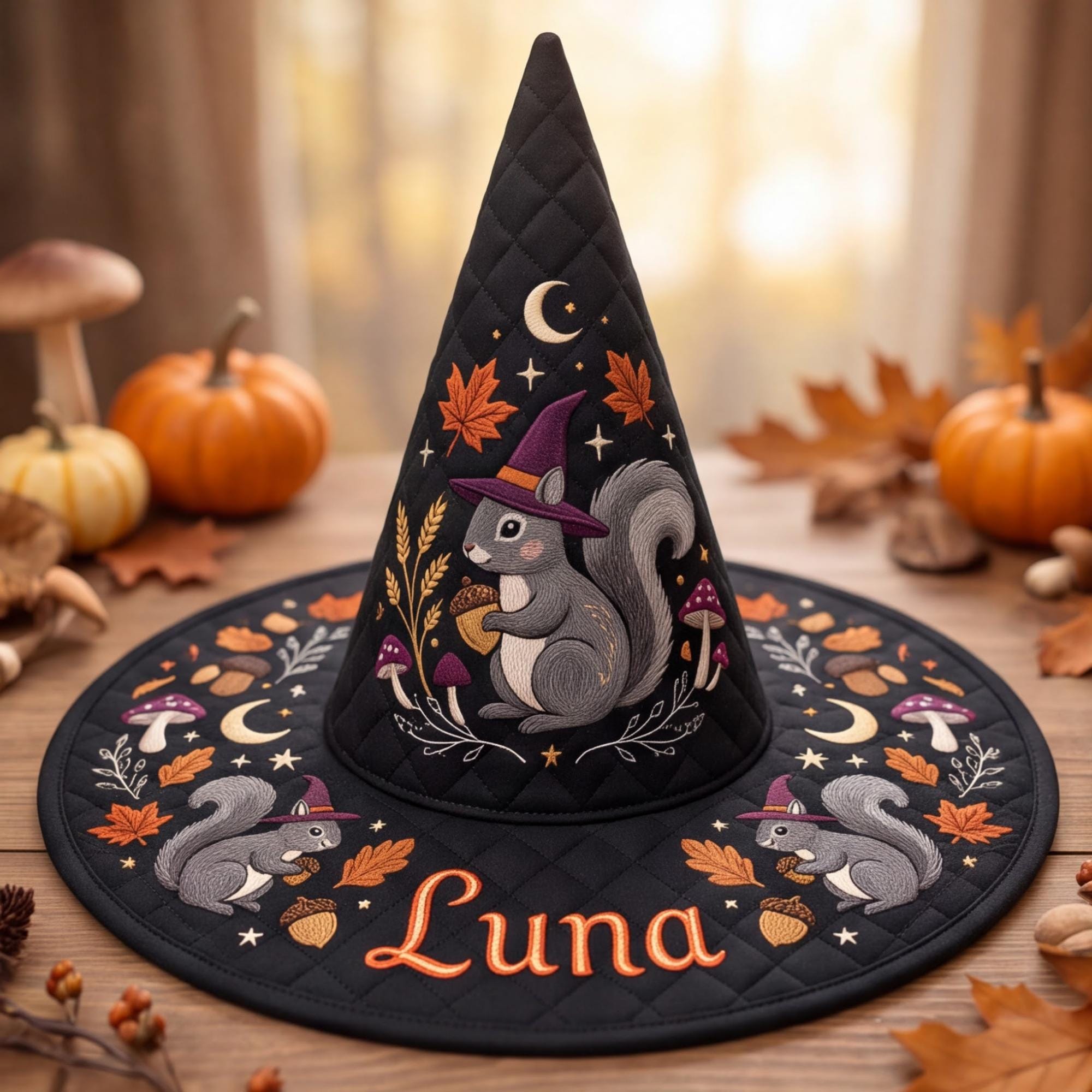 All Over Print Quilted Witch Hat HG HG , Personalized Squirrel Halloween Hat, Woodland Witch Costume