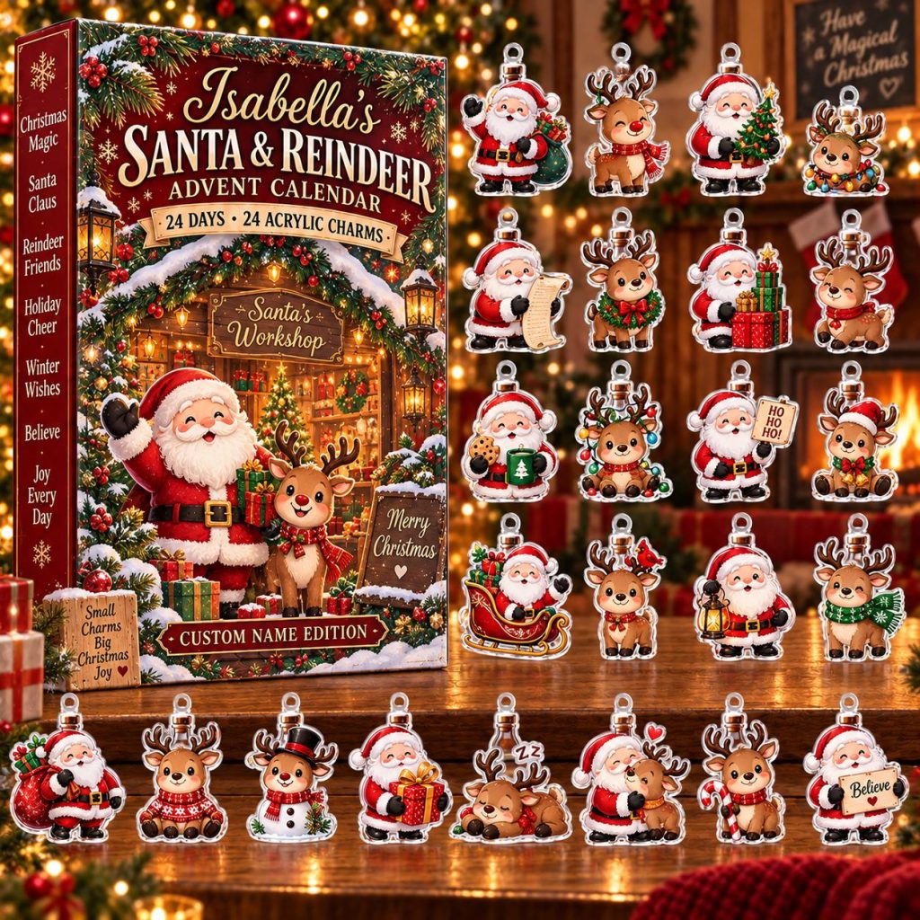 Personalized Santa & Reindeer Advent Calendar HG, 24 Acrylic Charms, 3D Effect Christmas Gift, Custom Name Holiday Decor