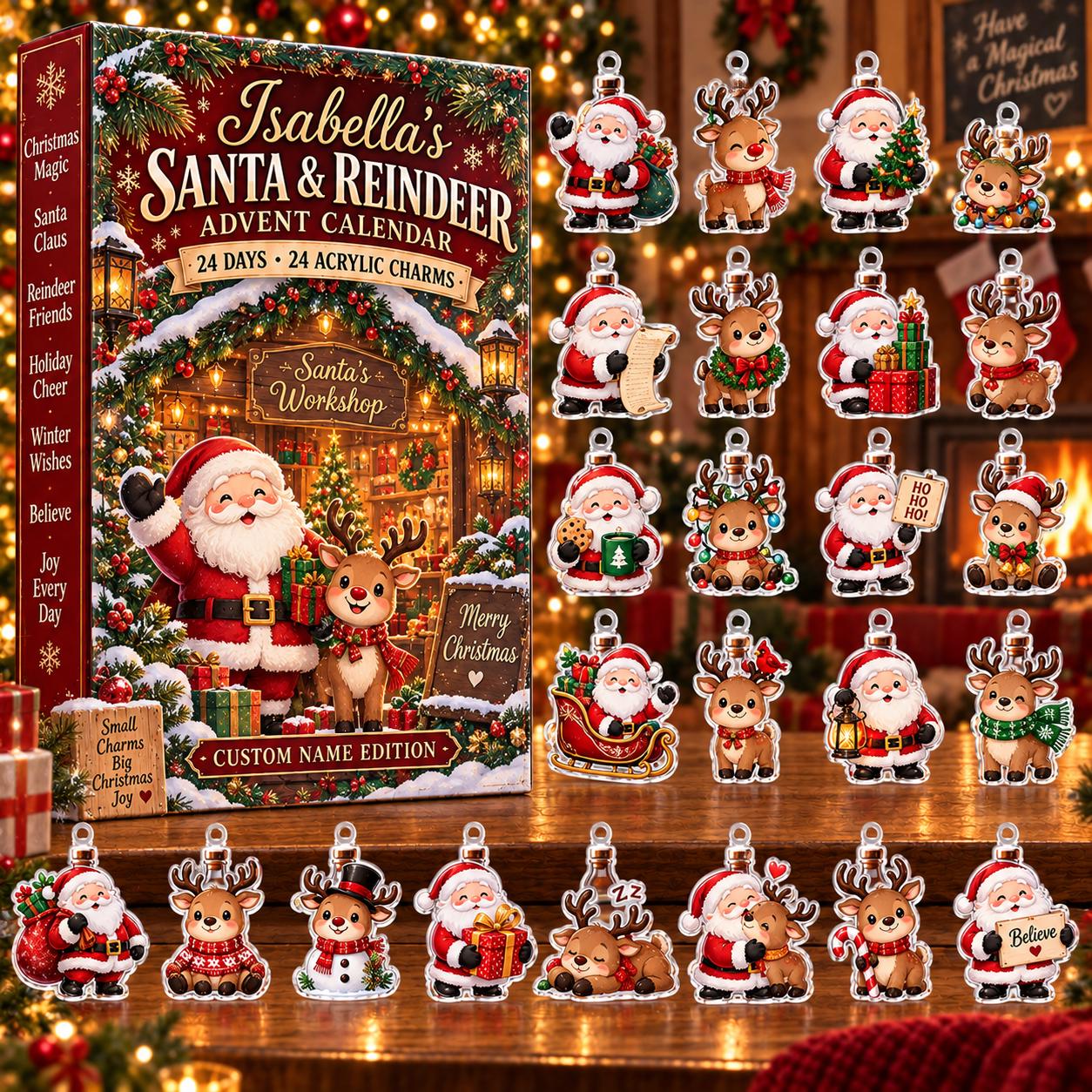 Personalized Santa & Reindeer Advent Calendar HG, 24 Acrylic Charms, 3D Effect Christmas Gift, Custom Name Holiday Decor
