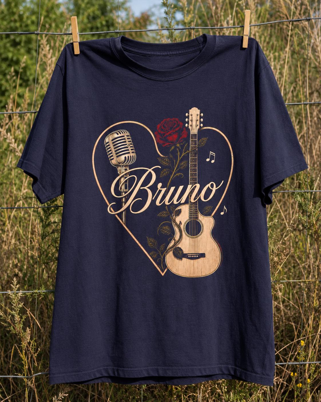 Bruno Vintage Music T-Shirt, Acoustic Guitar, Microphone & Rose Tee HFN Shirt - Image 2