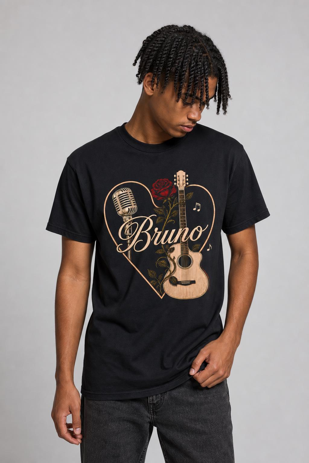 Bruno Vintage Music T-Shirt, Acoustic Guitar, Microphone & Rose Tee HFN Shirt - Image 5