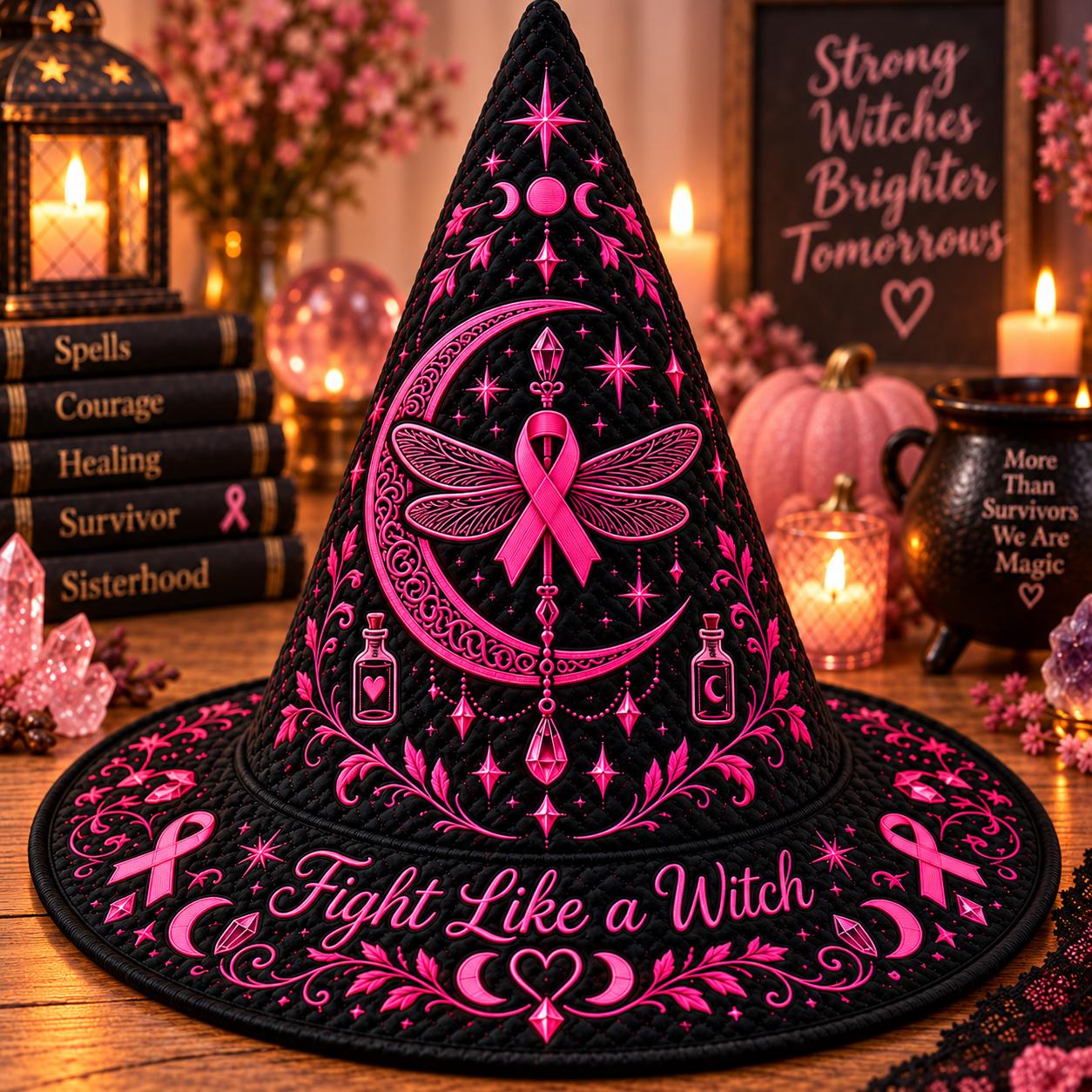 Retro Breast Cancer Witch Hat HG , Fight Like a Witch Quilted Hat, Pink Ribbon Gift - Image 3
