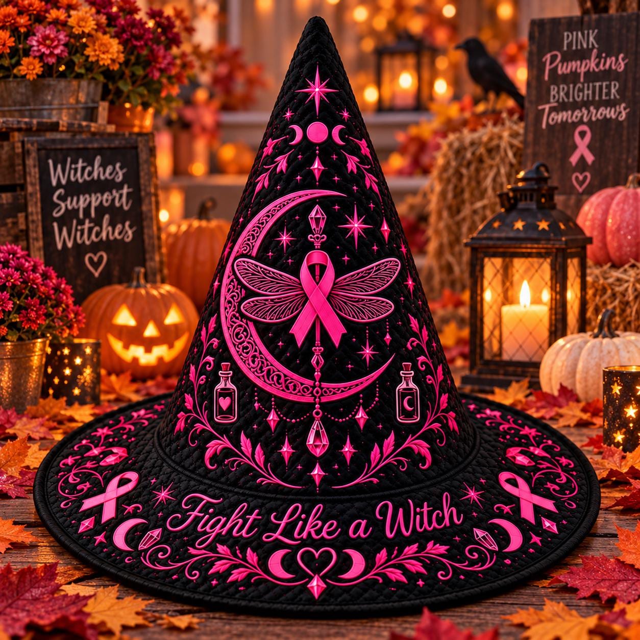 Retro Breast Cancer Witch Hat HG , Fight Like a Witch Quilted Hat, Pink Ribbon Gift - Image 2