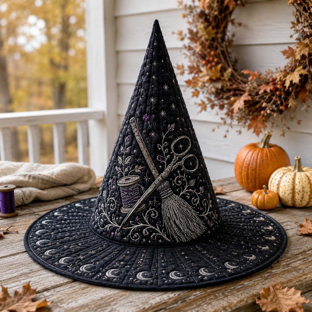 Sewing Scissors Quilted Witch Hat HG HG : Dark Cottagecore Halloween Hat, Mystical Broomstick Spool Decor, Seamstress Pagan Gift