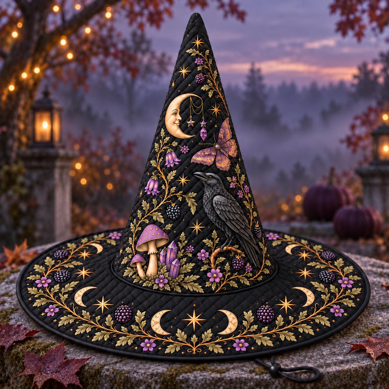 Quilted Witch Hat HG HG Halloween Decor, Gothic Raven Moon Phase Halloween Costume, Celestial Witchcore Accessory - Image 2