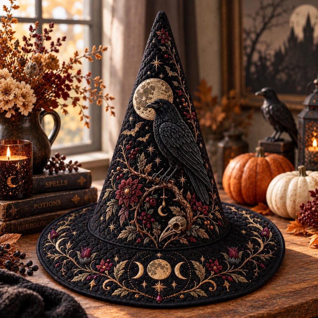 Raven Witch Hat HG , Celestial Moon Halloween Hat, Gothic Embroidered Witch Costume, Floral Crow Sorceress Hat, Halloween Gift