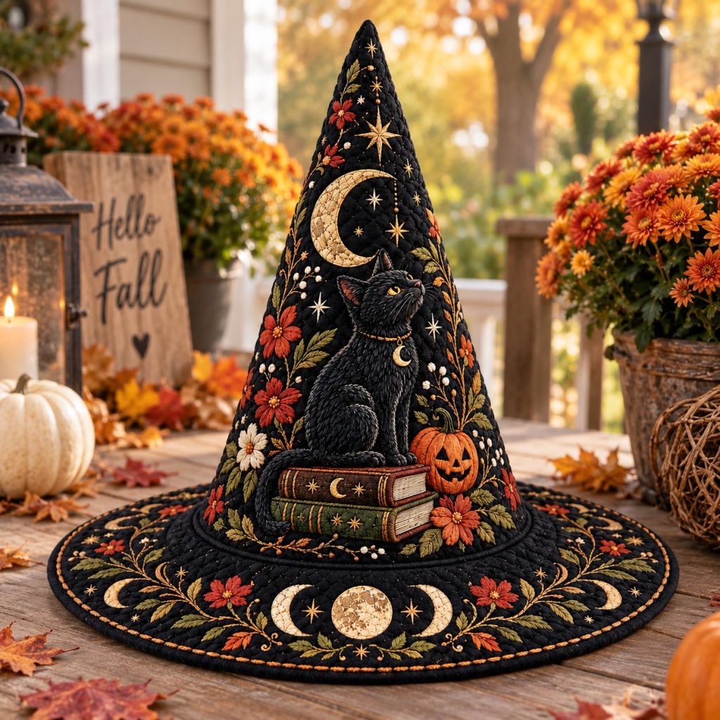 Quilted Witch Hat HG HG Halloween Decor, Gothic Black Cat Celestial Moon Witch Hat HG , Witchcore Fall Home Decoration, Spooky Halloween Gift