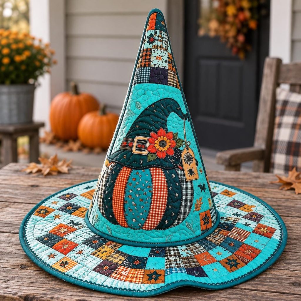 Quilted Patchwork Witch Hat HG with Pumpkin Motif, Adult Halloween Costume Accessory