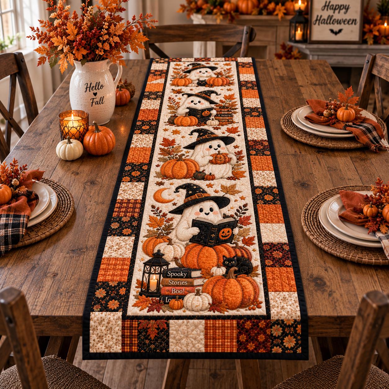 Spooky Ghost Halloween Table Runner, Witch Hat HG Pumpkin Book Lover Decor, Printed Quilt Look Fall Dining Table Centerpiece - Image 2