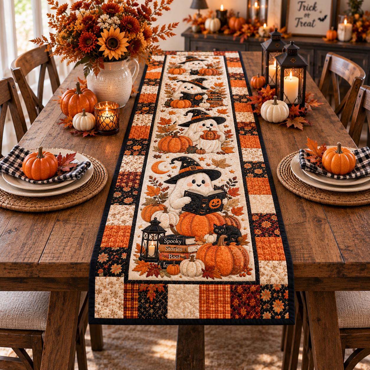 Spooky Ghost Halloween Table Runner, Witch Hat HG Pumpkin Book Lover Decor, Printed Quilt Look Fall Dining Table Centerpiece - Image 5