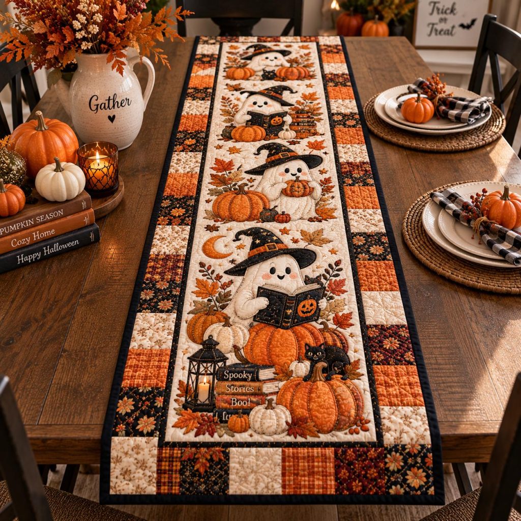 Spooky Ghost Halloween Table Runner, Witch Hat HG Pumpkin Book Lover Decor, Printed Quilt Look Fall Dining Table Centerpiece