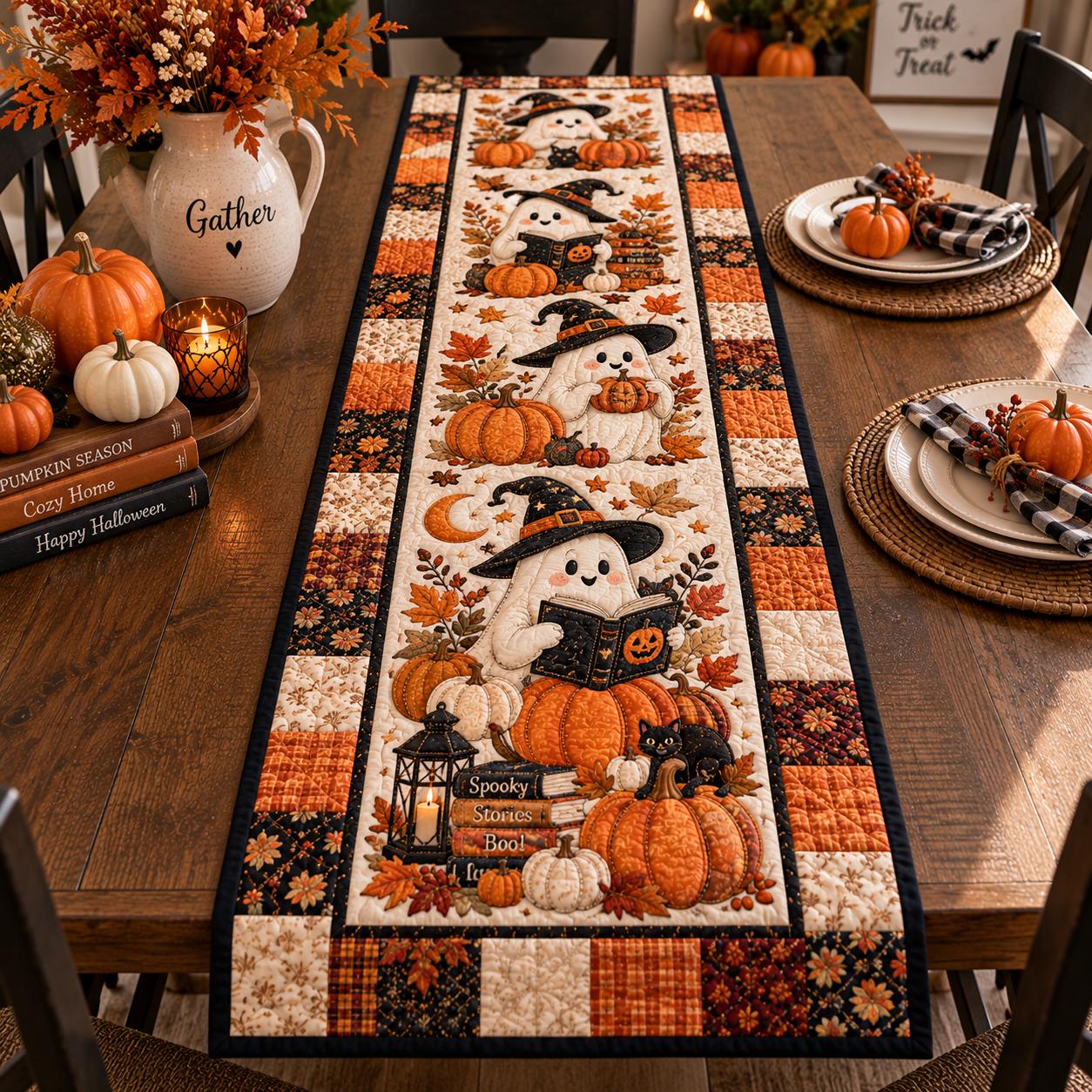 Spooky Ghost Halloween Table Runner, Witch Hat HG Pumpkin Book Lover Decor, Printed Quilt Look Fall Dining Table Centerpiece