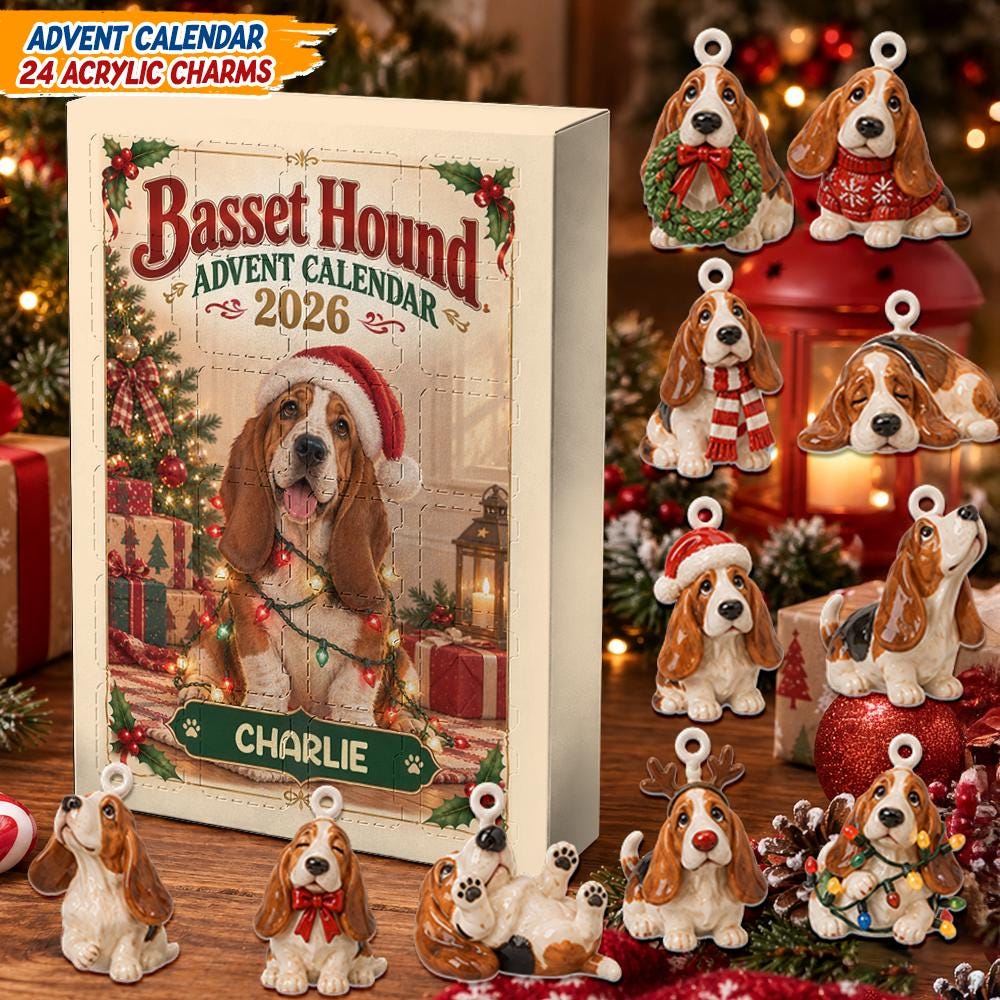 Personalized Basset Hound Advent Calendar HG, 24 Acrylic Charms, Custom Dog Name, Holiday Countdown, Pet Lover Gift