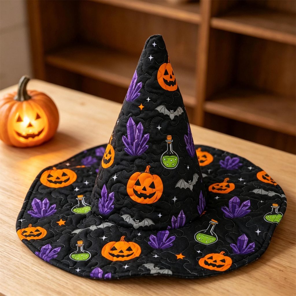 Quilted Witch Hat HG HG ,Halloween Party Hat,Vintage Halloween Costume,Whimsical Witchy Hat,Cottagecore Wide Brim Halloween Hat,Halloween Gifts