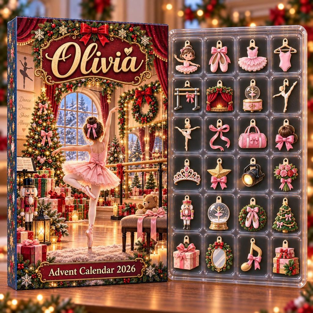 Personalized Ballerina Advent Calendar HG, 24 Ballet Christmas Charms, Custom Name Dancer Gift, Holiday Countdown Box