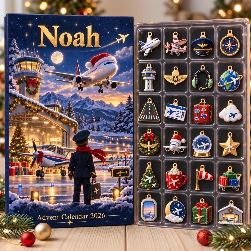 Personalized Pilot Advent Calendar HG, 24 Airplane Christmas Charms, Custom Name Aviation Gift, Holiday Countdown Box - Image 7