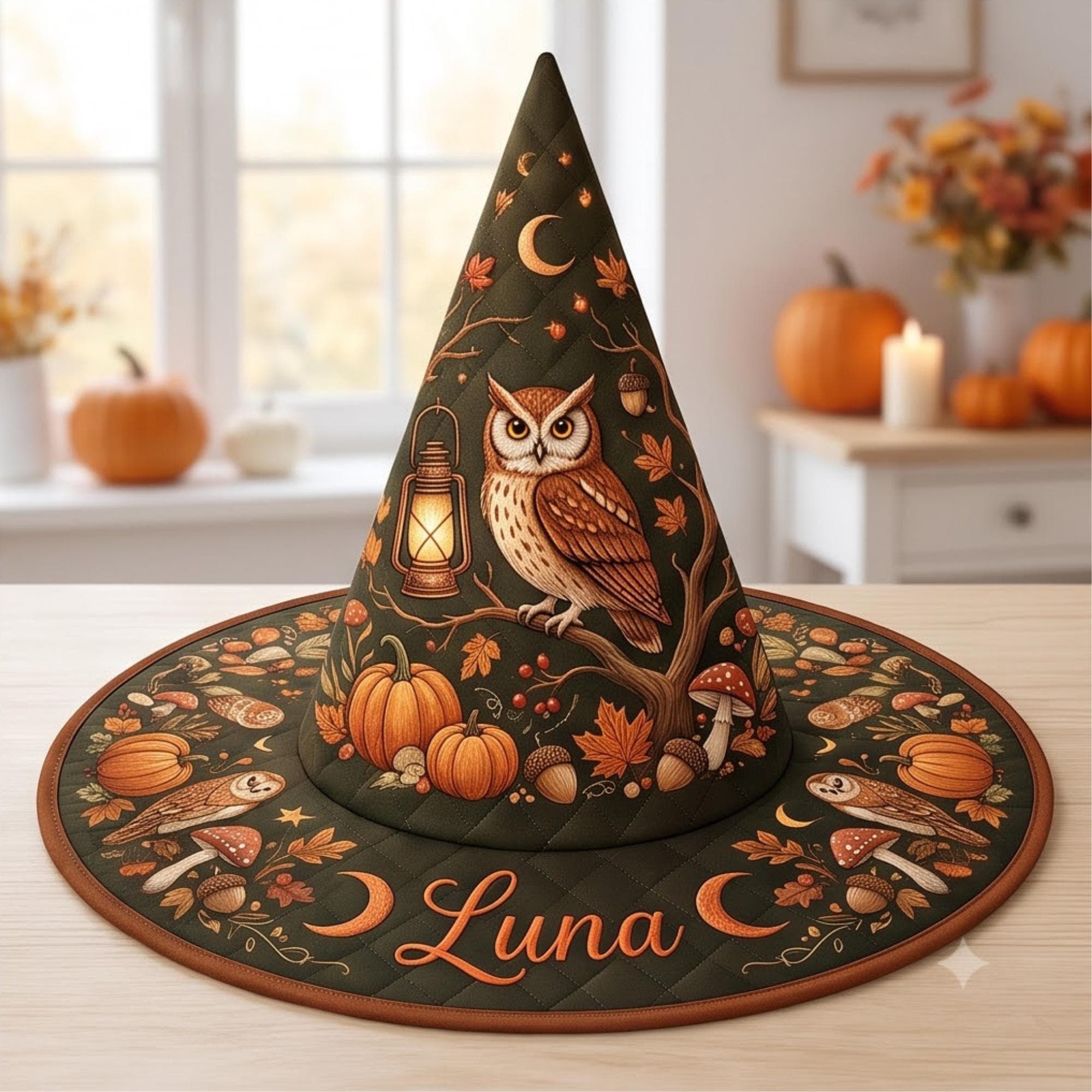 Personalized Quilted Witch Hat HG HG , Autumn Owl Moon Halloween Costume, All Over Print Fall Hat