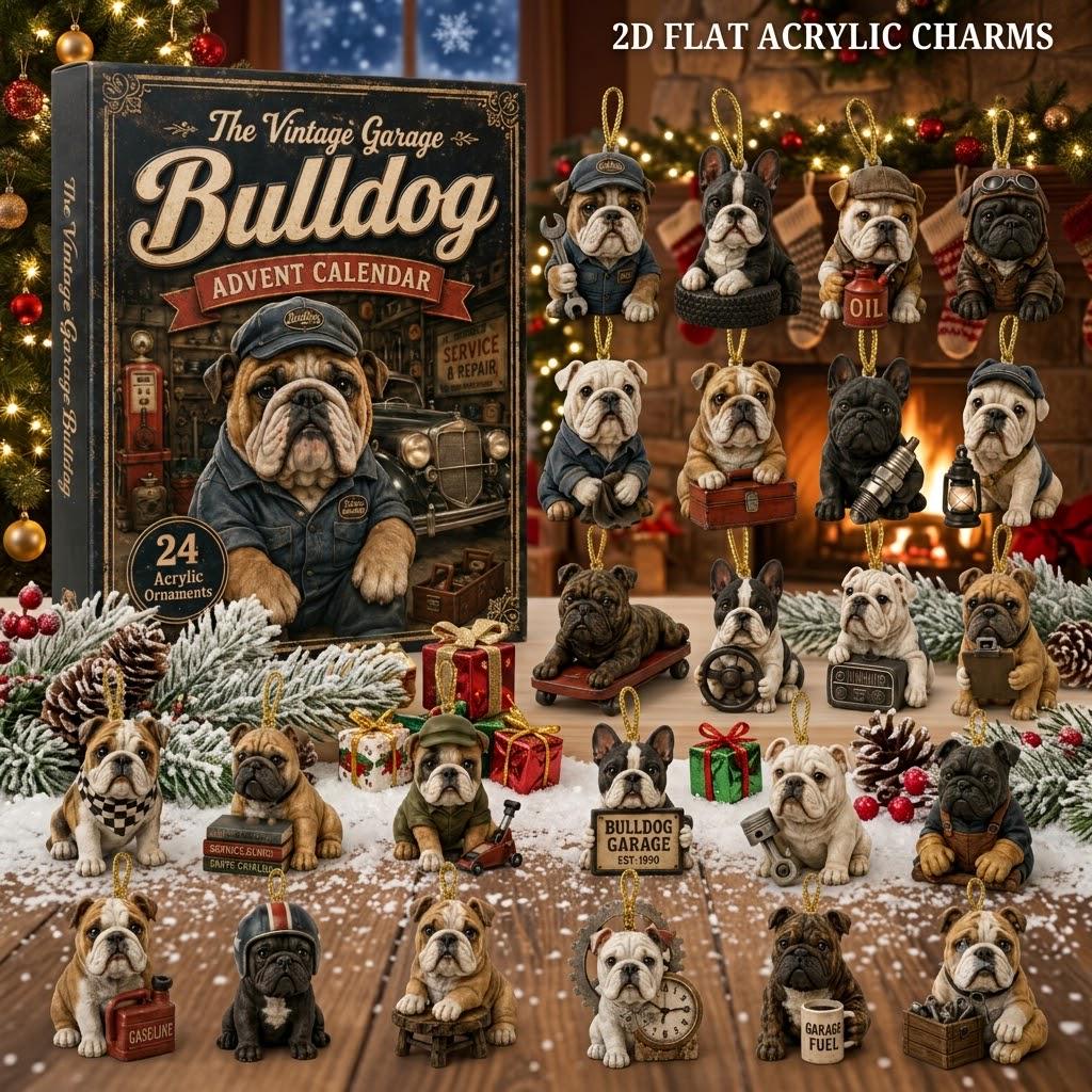 The Vintage Garage Bulldog Advent Calendar HG 2026, 24 Day Dog Acrylic Charms Blind Box, Christmas Countdown Gift for Bulldog Lovers