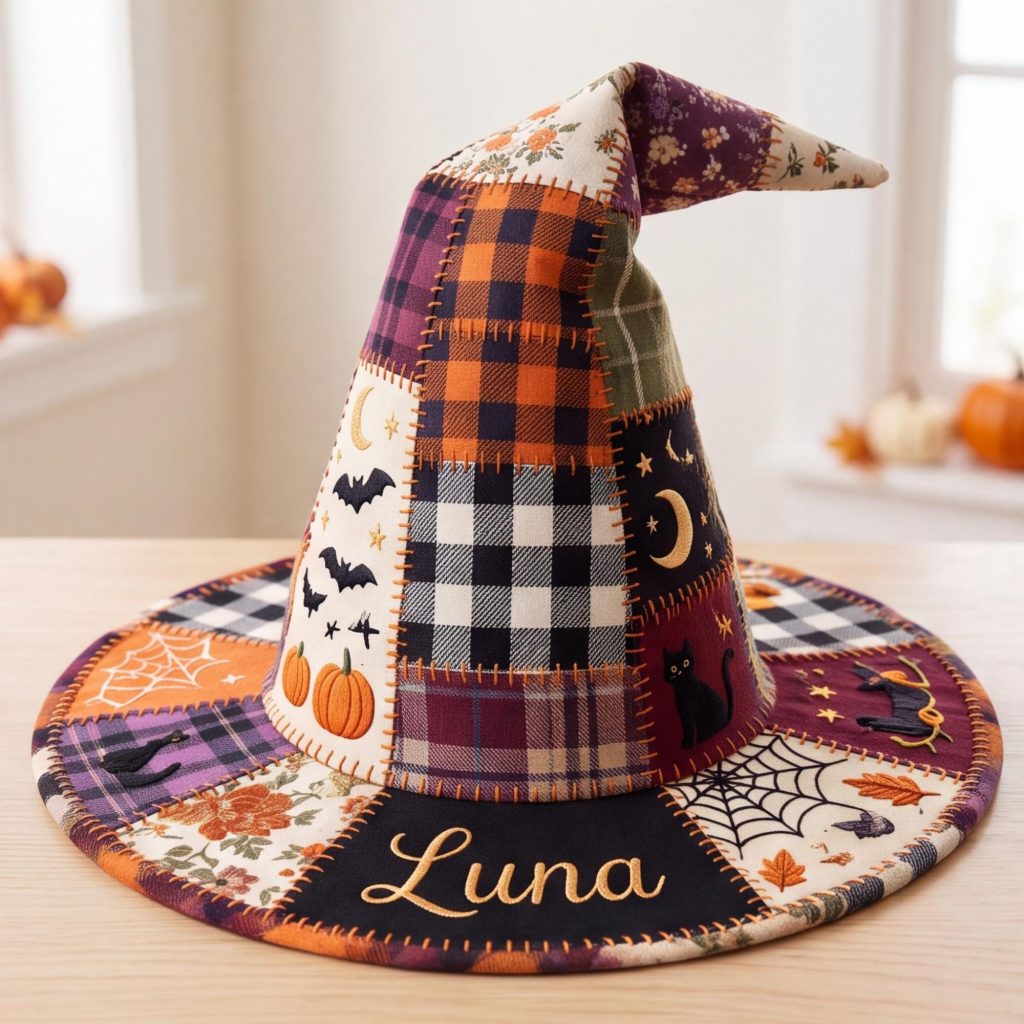 Personalized Quilted Patchwork Witch Hat HG , Plaid Halloween Costume, All Over Print