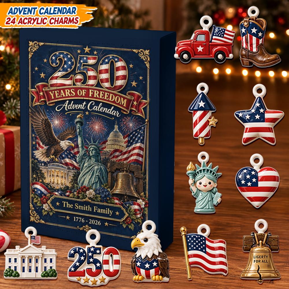 Personalized 250th Anniversary Advent Calendar HG, 24 Acrylic Charms, Custom Family Name, Patriotic Countdown Keepsake