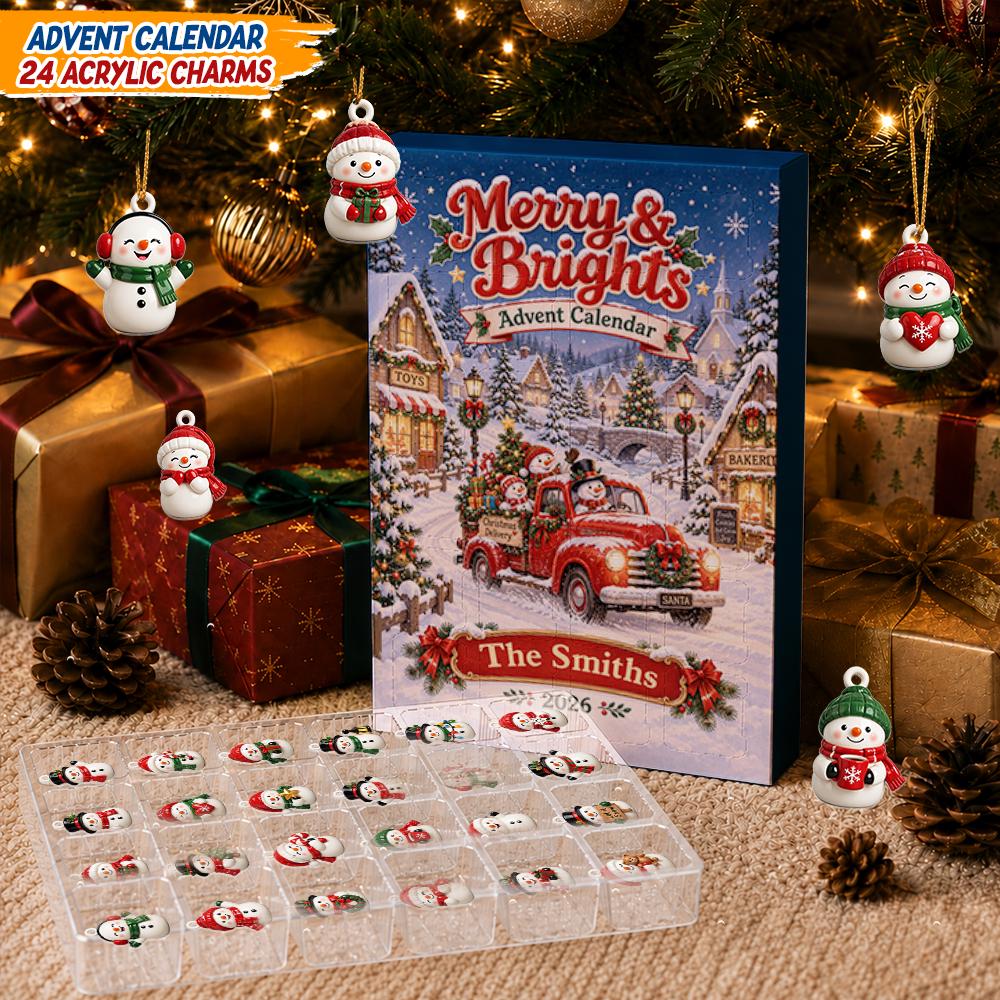 Personalized Snowman Advent Calendar HG 2026, 24 Acrylic Charms, Custom Family Name, Winter Countdown Keepsake