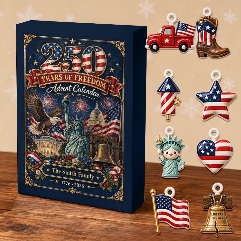 Personalized 250th Freedom Patriotic Christmas Advent Calendar HG, 24 Acrylic Charms America Countdown Box Gift - Image 2