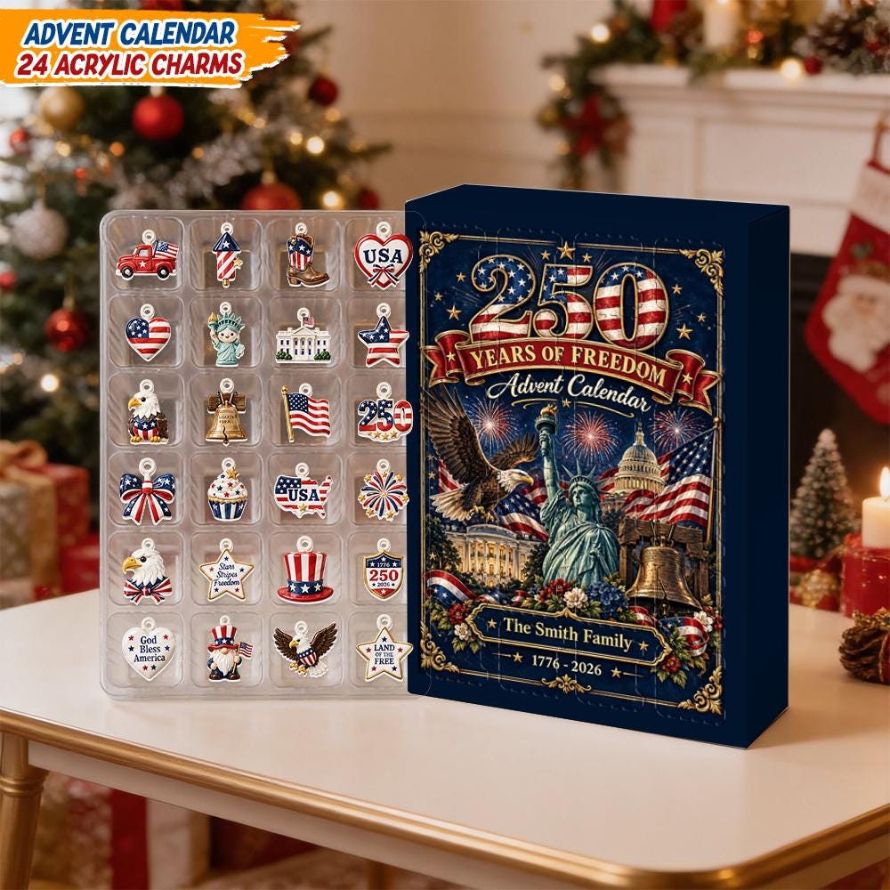 Personalized 250th Freedom Patriotic Christmas Advent Calendar HG, 24 Acrylic Charms America Countdown Box Gift