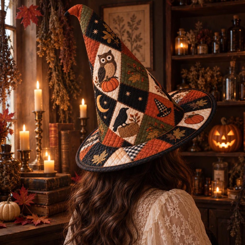 Quilted Witch Hat HG  HG , Handmade Halloween Patchwork Hat, Cottagecore Witch Costume, Spooky Fall Accessory, Witchy Gift for Her