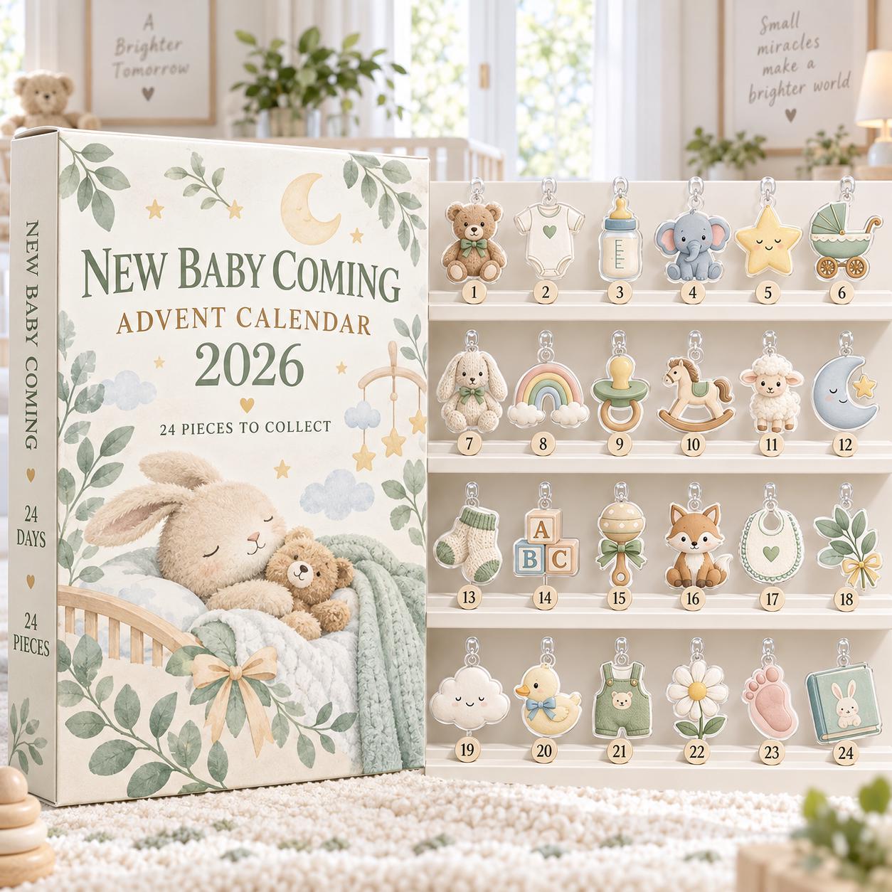 New Baby Coming Advent Calendar HG 2026, 24 Acrylic Hanging Tokens, Baby Shower Countdown Gift