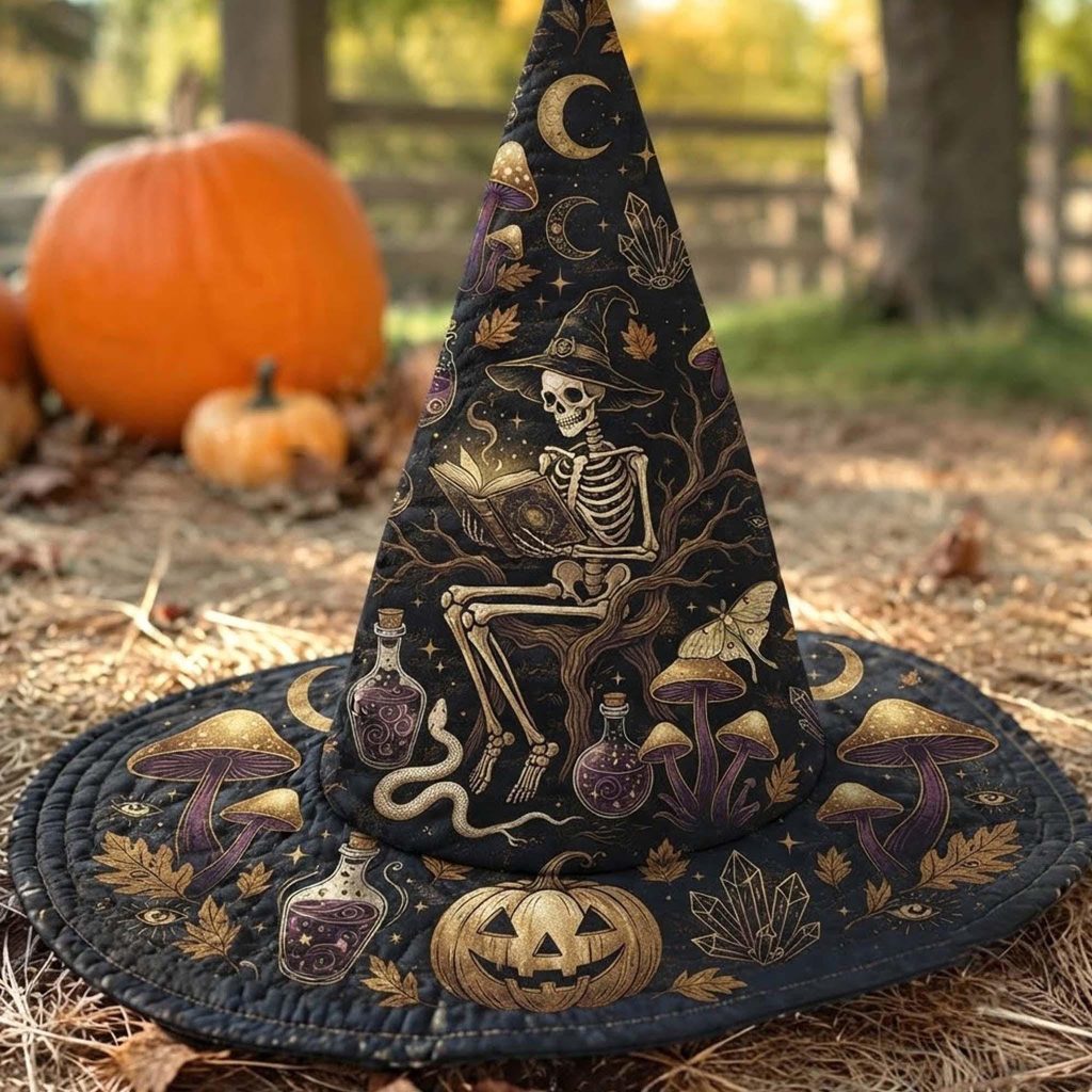 Skeleton Quilted Witch Hat HG HG : Gothic Halloween Hat, Spooky Halloween Cap, Witch Gift