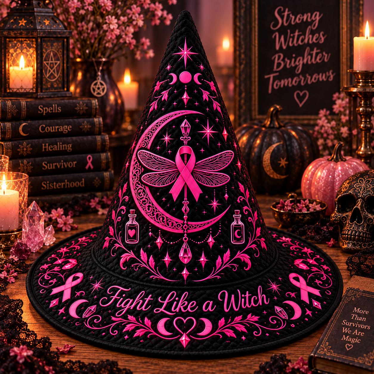 Retro Breast Cancer Witch Hat HG , Fight Like a Witch Quilted Hat, Pink Ribbon Gift - Image 5