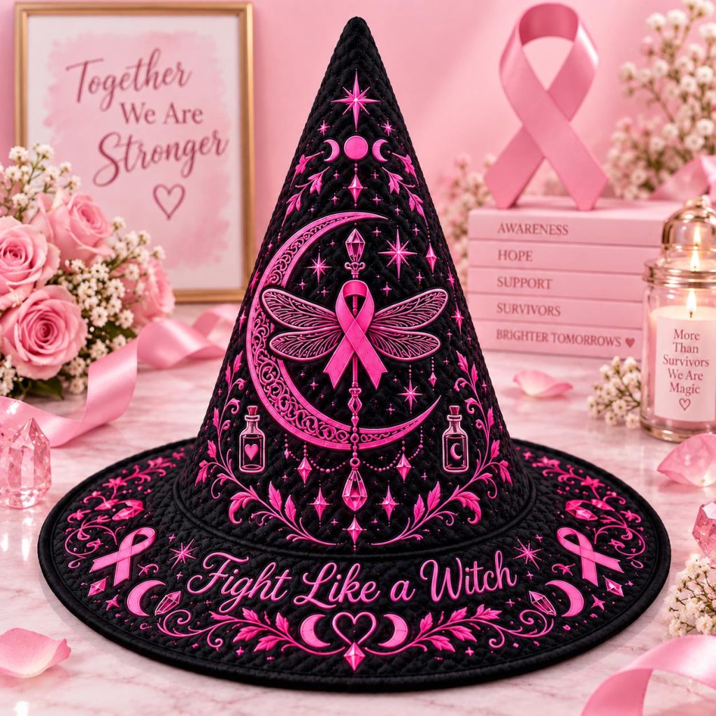 Retro Breast Cancer Witch Hat HG , Fight Like a Witch Quilted Hat, Pink Ribbon Gift