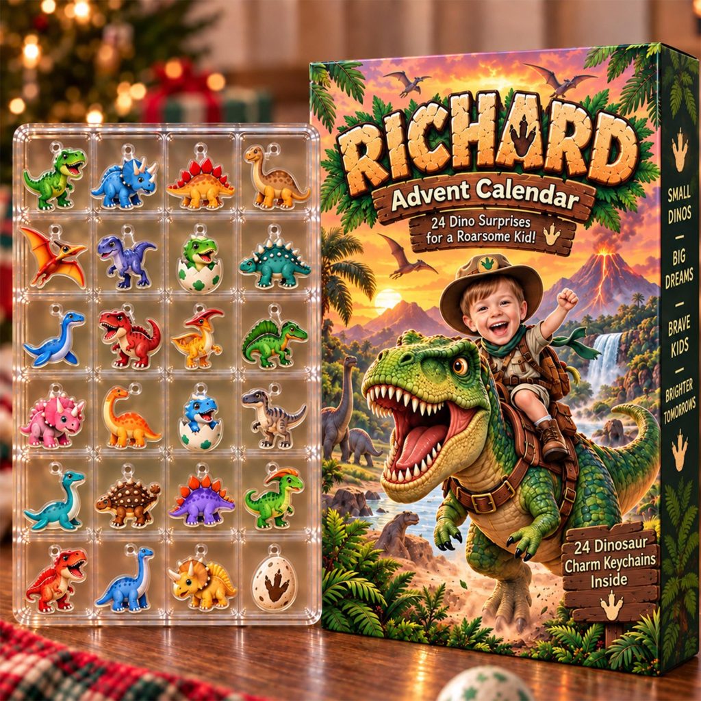Personalized Dinosaur Advent Calendar HG, Custom Photo & Name, 24 Acrylic Dino Ornaments