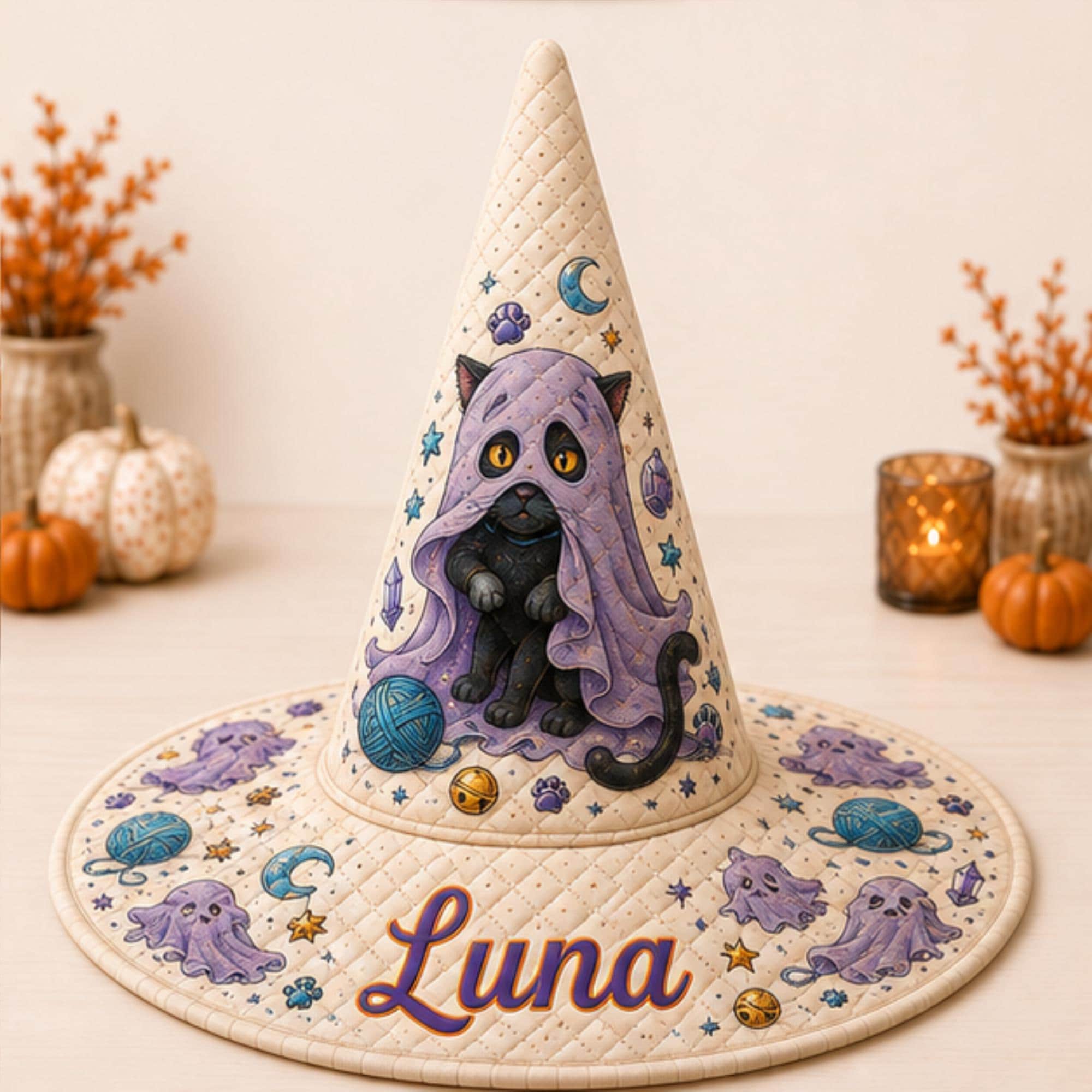 Personalized Quilted Witch Hat HG HG , Black Cat Ghost Halloween Hat, Cute Spooky Costume Accessory