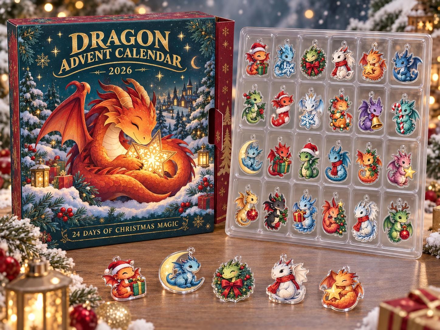 2026 Dragon Advent Calendar HG, 24 Acrylic Charms, Christmas Countdown Gift