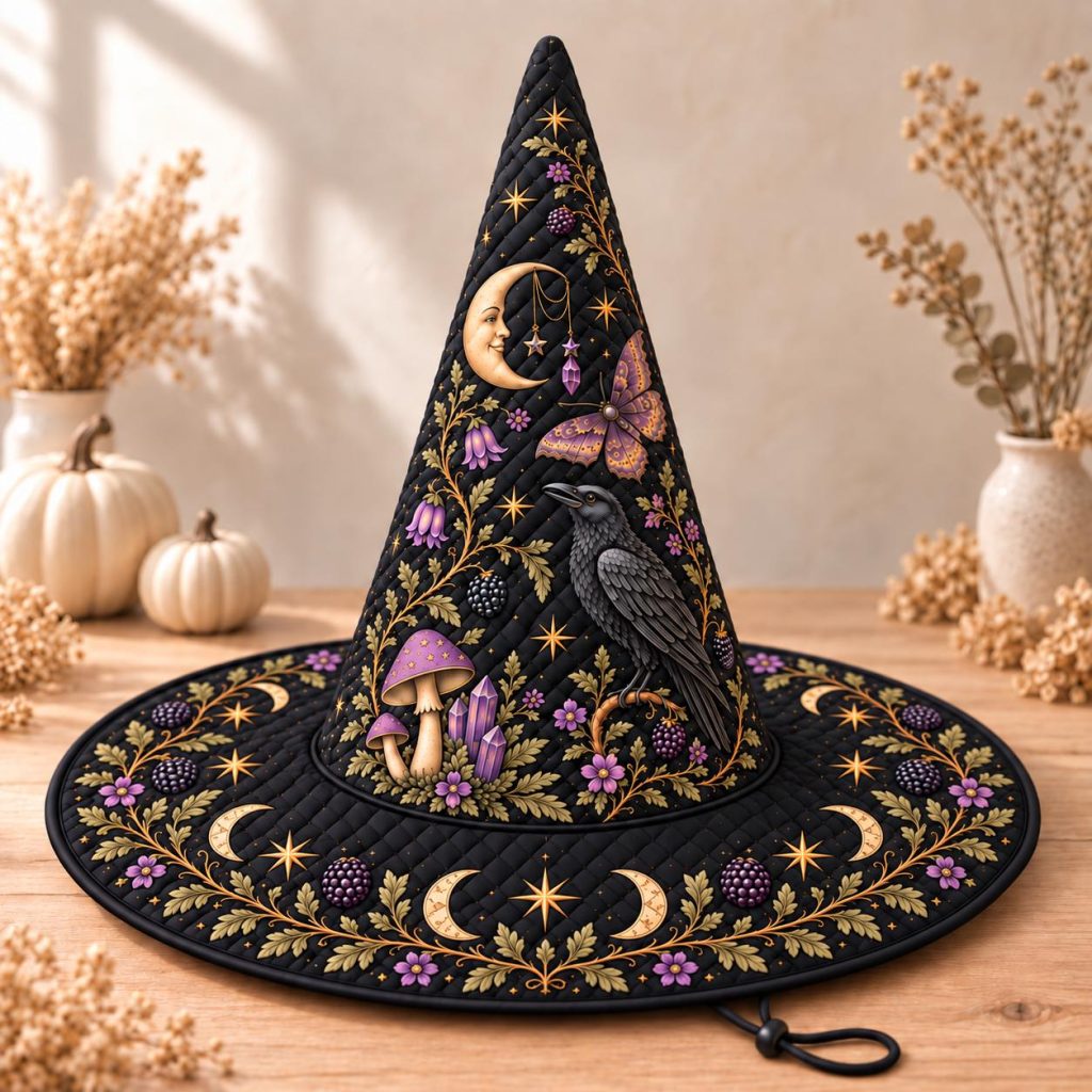 Quilted Witch Hat HG  HG  Halloween Decor, Gothic Raven Moon Phase Halloween Costume, Celestial Witchcore Accessory
