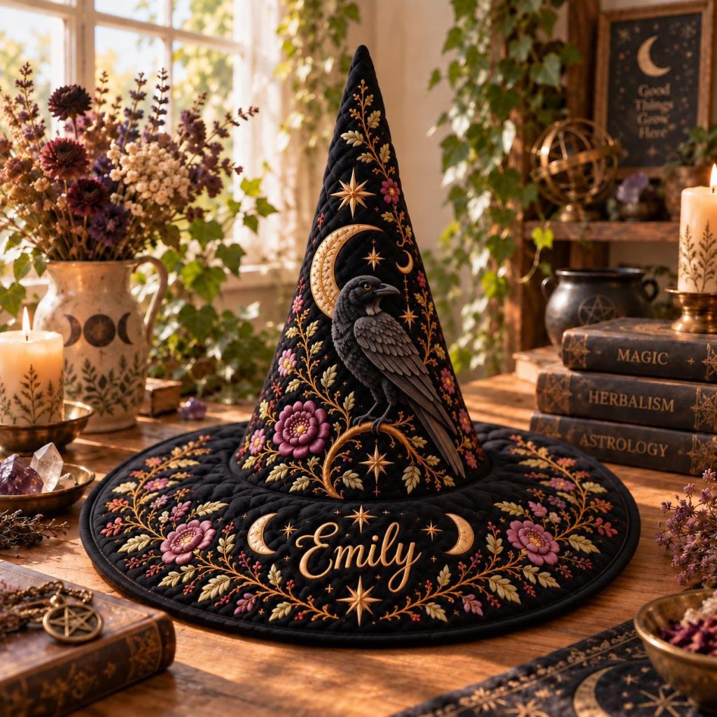 Personalized name Quilted Witch Hat HG  HG , Gothic Moon Phase Wizard Hat, Celestial Witchcore Halloween Costume, Cottagecore Witch Gift for Her