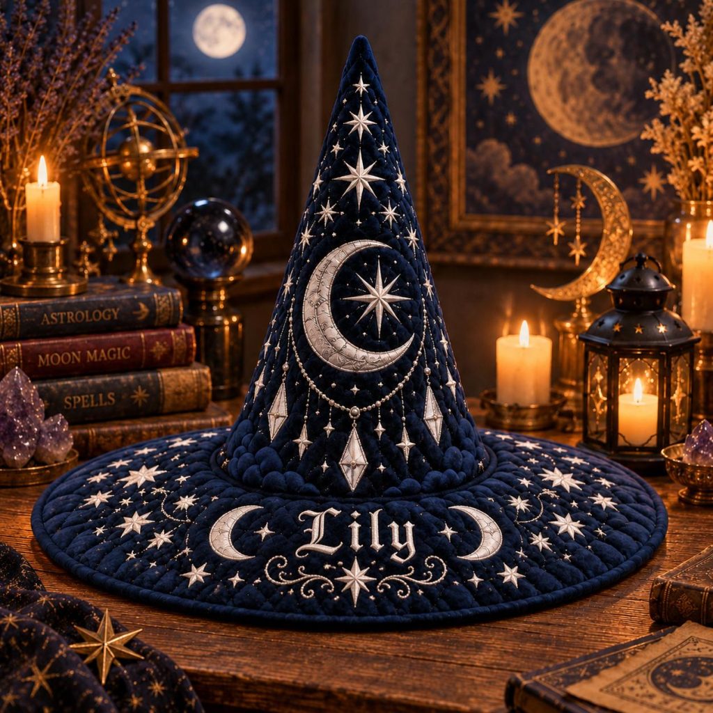 Personalized name Moon Star Wizard Hat, Celestial Quilted Witch Hat HG  HG , Gothic Halloween Costume, Cottagecore Witch Accessory, Witchy Gift