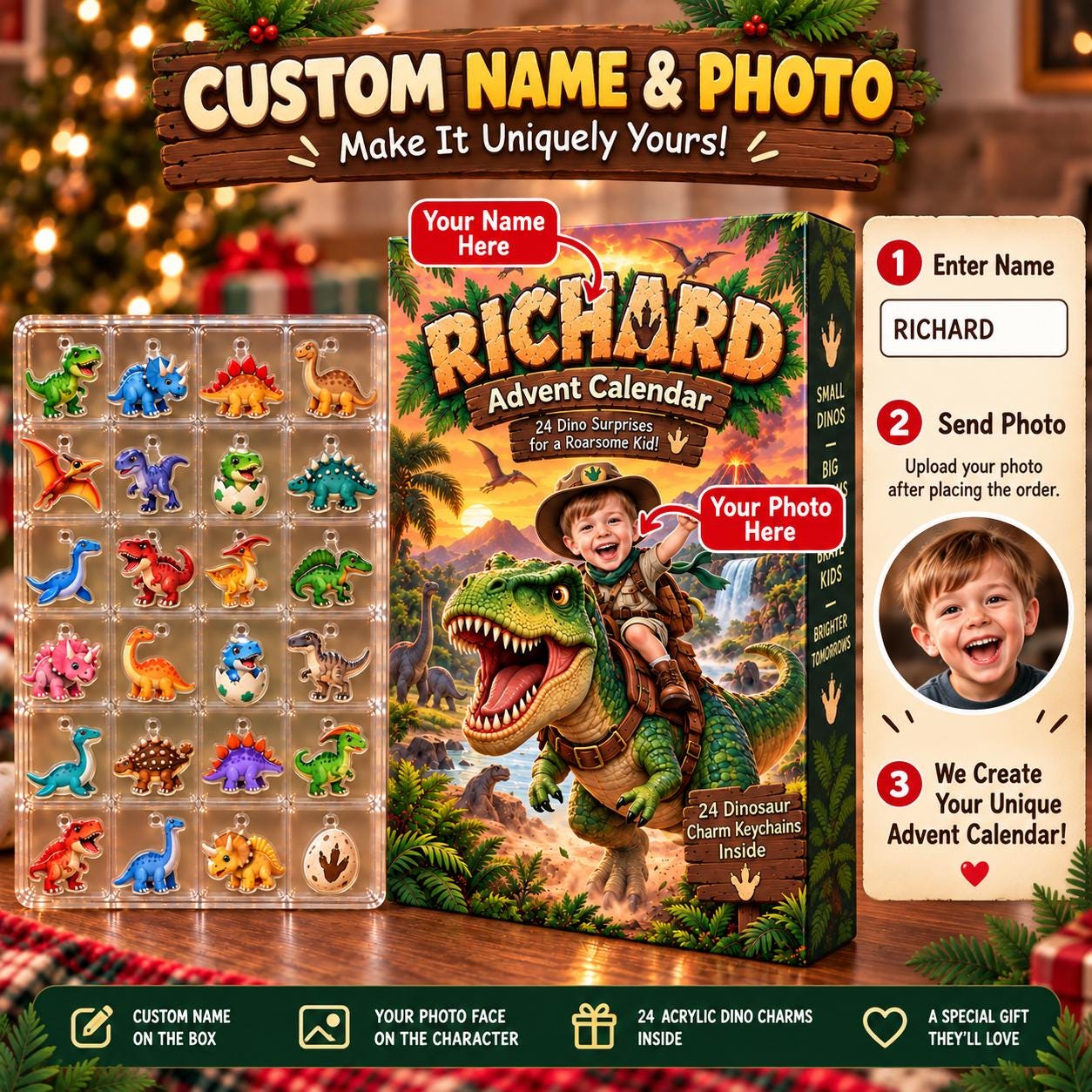 Personalized Dinosaur Advent Calendar HG, Custom Photo & Name, 24 Acrylic Dino Ornaments - Image 3