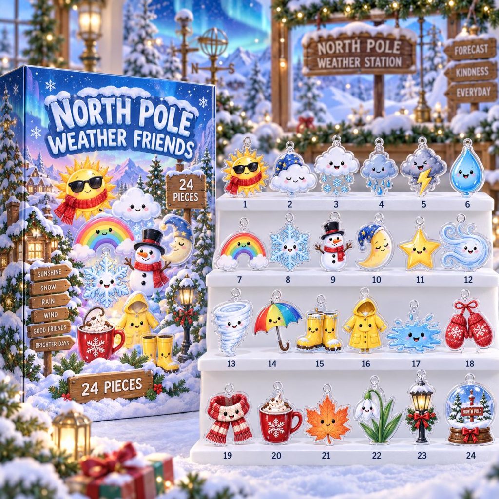 North Pole Weather Advent Calendar HG, 24 Acrylic Hanging Tokens, Cute Winter Christmas Countdown Gift, Weather Friends Collection